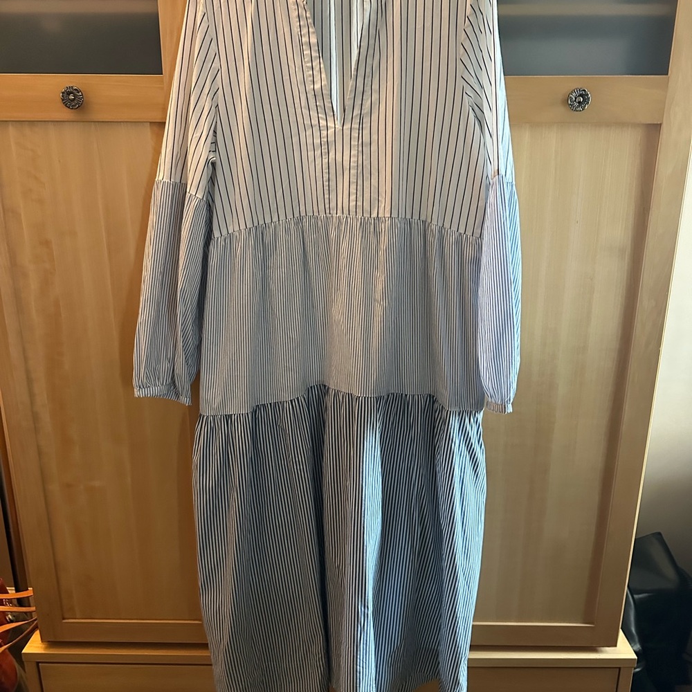 Maeve for Anthropologie Bonnie Striped Blue and White Tiered Midi Dress - Picture 6 of 7